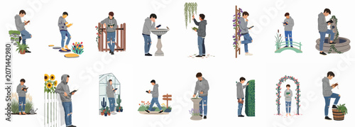 Bild auf Leinwand Set of illustrations of a young man reading, writing, and sketching in various peaceful garden and outdoor settings, perfect for education or lifestyle themes