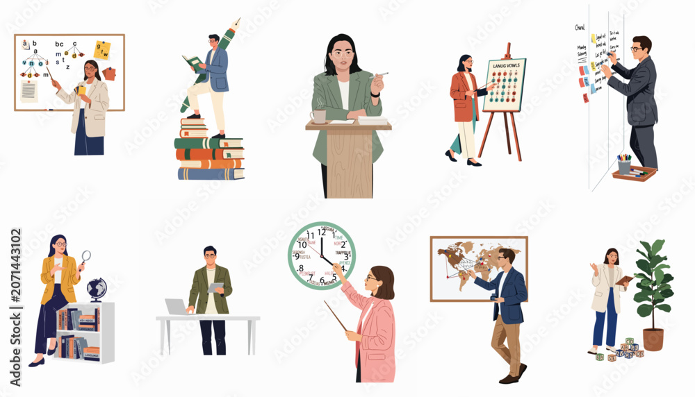 Fototapeta premium A set of flat vector illustrations featuring diverse professionals and educators engaged in teaching, learning, researching, and various office activities on white background.
