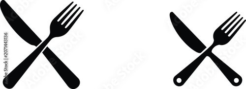Tableau sur toile Crossed fork and knife vector silhouette icon set featuring black cutlery silver