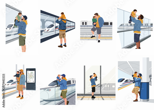Obraz na plátne Digital illustration set of a father bonding with his young son while watching high-speed trains at a modern railway station platform