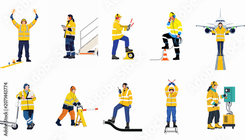 Fotografie Vector illustrations of airport ground crew members in high-visibility uniforms performing various technical, maintenance, and marshalling tasks on an airfield