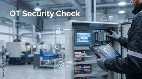 Industrial worker checks operational technology security on tablet