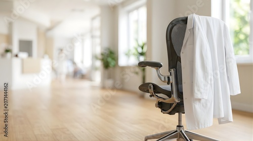 White medical coat hanging on an office chair in a bright modern clinic