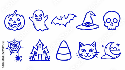 Cuadro en lienzo Cute hand drawn blue halloween icon set featuring pumpkin ghost bat witch hat skull spider web castle candy corn cat and moon for spooky holiday design on white background