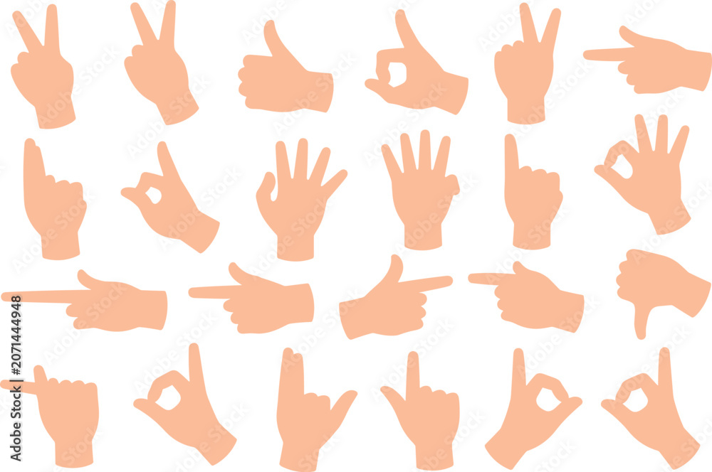 Fototapeta premium Hand gestures vector illustration bundle with cartoon human palms signaling thumbs up ok peace and pointing isolated on white backgroundHand gestures vector illustration bundle with cartoon human palm