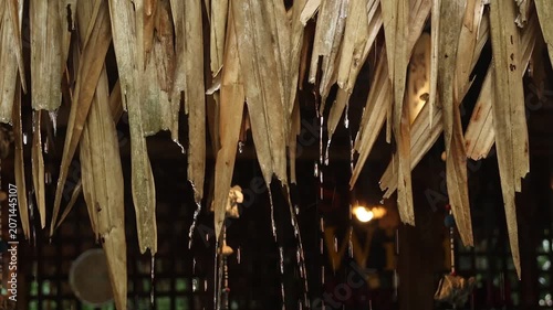Dried palm leaf water rain tropical roof brown natural texture shelter outdoor rustic traditional eco friendly wet closeup organic handmade protection countryside rural environment thatched roof
