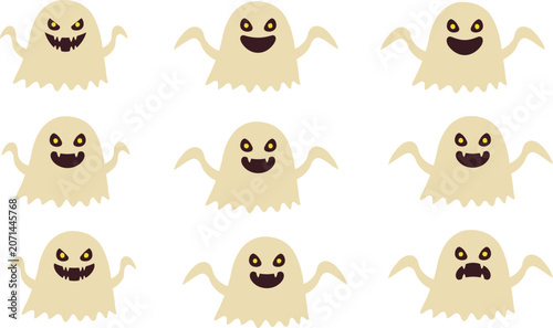 Canvastavla Spooky Halloween ghost emoji expression vector icon set featuring scary creepy and funny white phantoms isolated on a plain white background