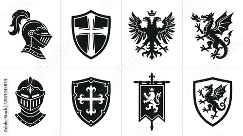 Photos Collection of medieval heraldry icons featuring knight helmets, shields with crosses, a double-headed eagle, a fire-breathing dragon, and a royal banner with a lion silhouette on white background
