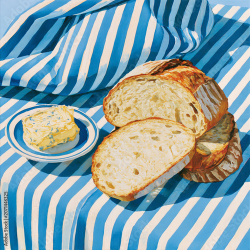 acrylic painting of bread slices and butter on blue striped tablecloth smooth style