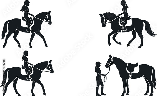Photos Equestrian Horse Riding Silhouette Vector Set Featuring Female Riders and Jockey