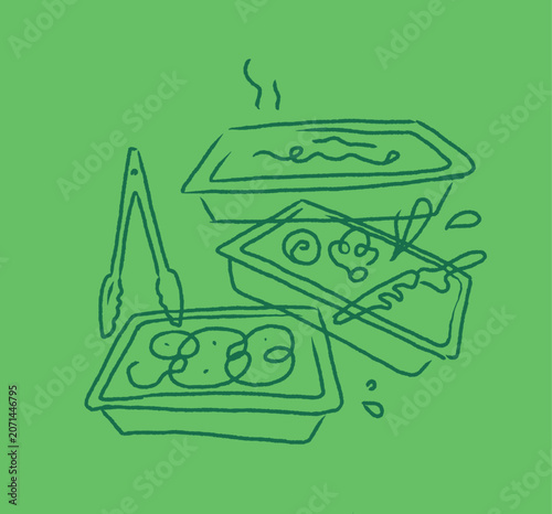 Food containers Hand drawn doodle. Hot meals, serving tongs, chopsticks. Restaurant menus, delivery apps, takeout culinary, hospitality marketing, meal prep promotions, and street food illustration ui