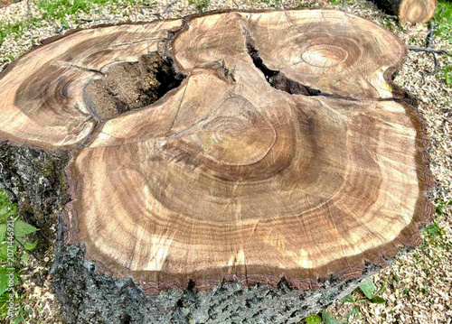Bild auf Leinwand Cross-section of a fresh walnut tree trunk with beautiful annual growth rings an