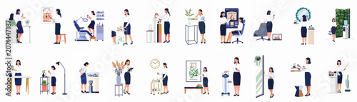 Vector illustrations set of professional dermatologists and skincare experts in clinic settings, showing consultations, medical procedures, aesthetic treatments, and beauty product demonstrations.