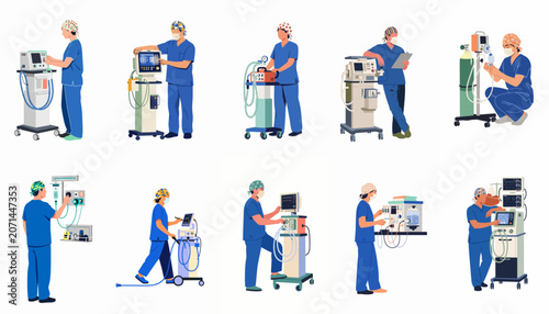 Collection of healthcare workers operating life-support systems, anesthesia equipment, and patient monitoring devices in a sterile operating room environment.
