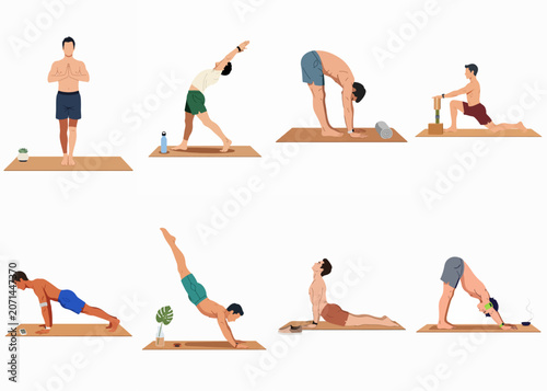 Vector illustration set of a man performing various yoga poses for wellness and physical fitness on a white background.