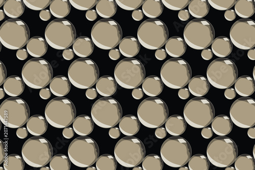 Metallic champagne bubbles seamless pattern, glossy 3D spheres on black background, luxury pearl texture vector for elegant packaging and wallpaper