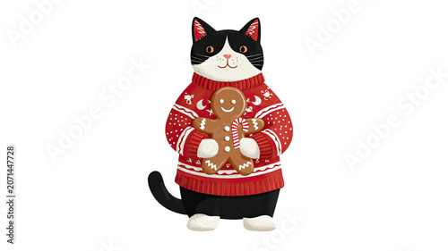 cute Christmas cat wearing festive sweater holding gingerbread cookie character isolated on white background illustration 
