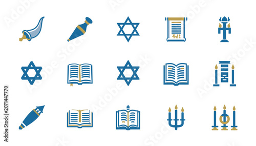 Fotografie Collection of Jewish religious symbols and icons including Star of David, menorah, shofar, Torah scrolls, and prayer books in blue and gold