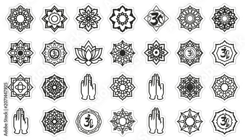 Fotografie A collection of spiritual and yoga-themed vector icons featuring mandalas, lotus flowers, Om symbols, and prayer hands in black and white