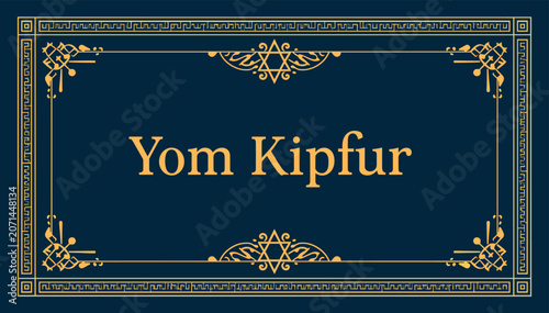 Εκτύπωση καμβά Ornate golden text 'Yom Kippur' on a dark blue background with an elaborate decorative border, representing a significant Jewish holiday