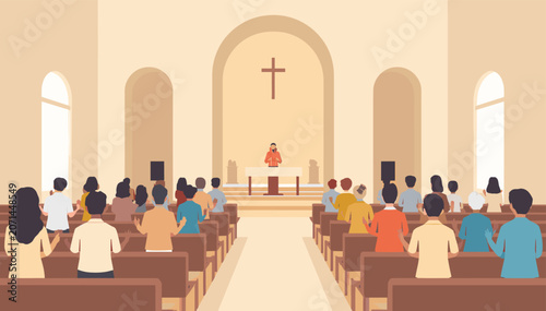 Obraz na płótnie People attending a religious service inside a church, with a priest officiating at the altar under a cross