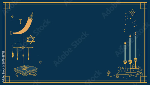 Valokuva Elegant Jewish holiday background with shofar, menorah, Star of David, and sacred book on a deep blue and gold design, perfect for religious celebrations