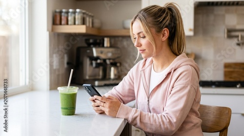 A focused young woman relaxes at her kitchen counter with a nutrient-rich green drink, scrolling through her phone in a cozy morning atmosphere.