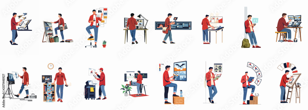 Fototapeta premium Collection of illustrations depicting a creative professional working on various digital art, animation, and film production tasks.