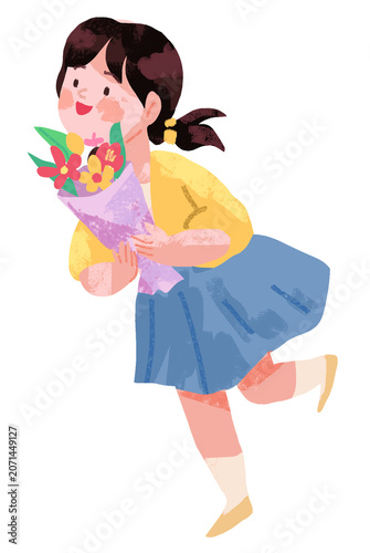 illustration of a little girl holding a bouquet of flowers