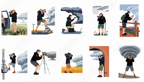 Collection of flat vector illustrations depicting a storm chaser filming tornadoes and supercell clouds in various outdoor settings with professional equipment.