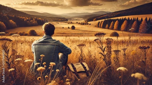 Video of man relaxing in an autumn meadow surrounded by wildflowers, enjoying a quiet moment of reflection and peace.