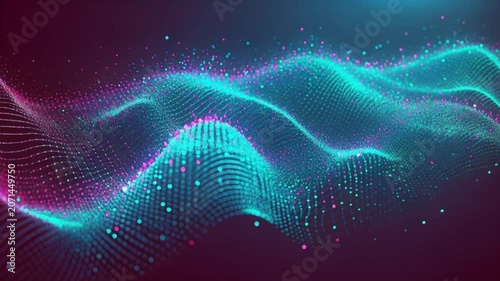 Video of glowing teal and magenta particle waves flow across a dark background, representing data and technology.