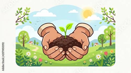 Hands Holding Sprouting Plant in Soil Against Pastoral Landscape