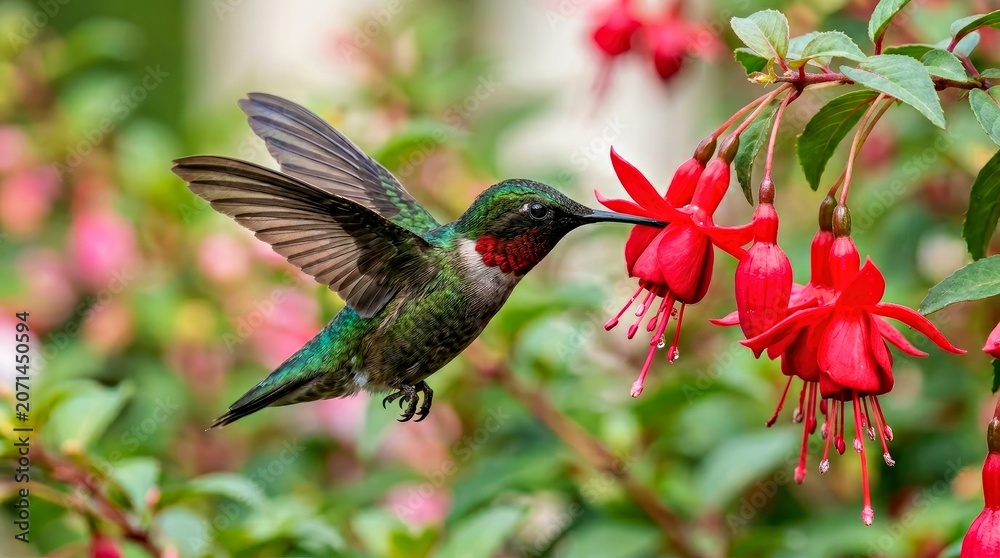 Obraz premium Hummingbird Hovering Over Red Tubular Flowers