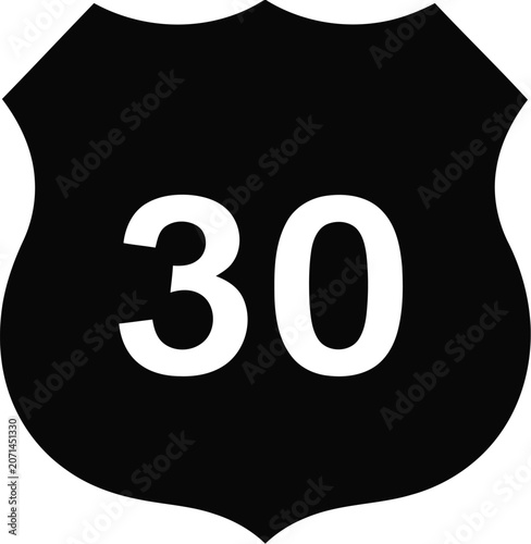 Black and White Route 30 Highway Shield Icon Isolated on White Background