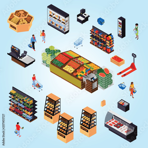 Supermarket 3d isometric concept set flat isolated elements collection of food shopping buyer grocery market basket trolley checkout shelves with vegetable fruit more vector illustration