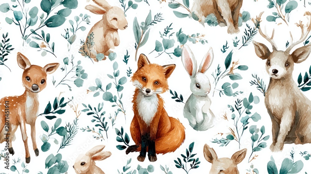 Fototapeta premium Watercolor woodland animals (deer, fox, bunnies) amidst teal foliage on a white background