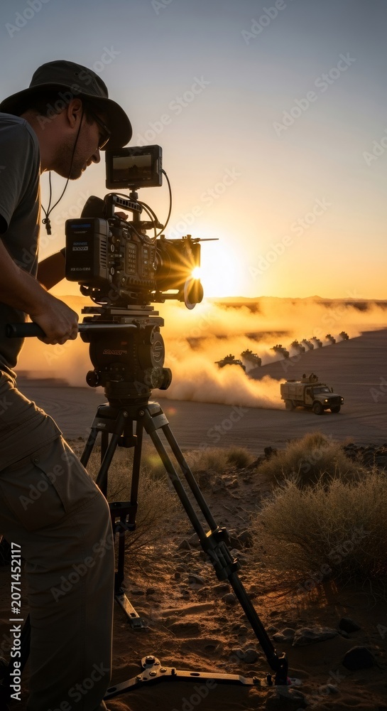 Fototapeta premium Caucasian man videographer filming military vehicles convoy in desert at sunset. Journalist covering extreme news reportage. Documentary filmmaking concept.