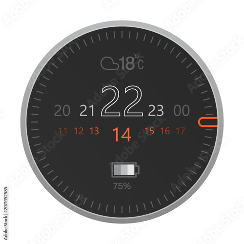 Digital smart thermostat or smartwatch interface icon with temperature display, weather info, and battery level on black screen.