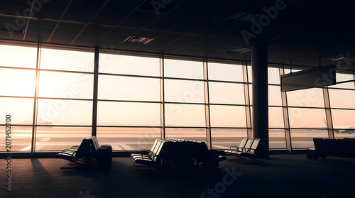 airport lounge at sunrise with panoramic windows and aircraft silhouettes, capturing the atmosphere of air travel, aviation, and business trips