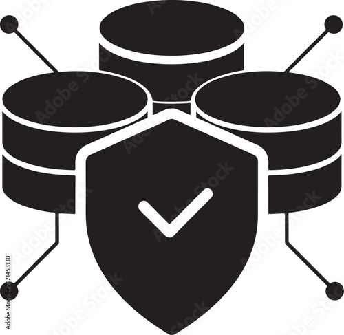 Secure Database Protection Icon with Shield Checkmark and Connected Data Storage Glyph