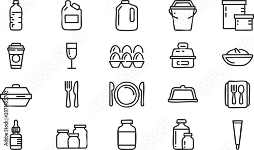 Bild auf Leinwand Takeaway packaging line icon collection for meal delivery and catering design