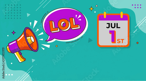 Megaphone illustration with a speech bubble and a calendar date serves as a vibrant background for promotional content and social media announcements.