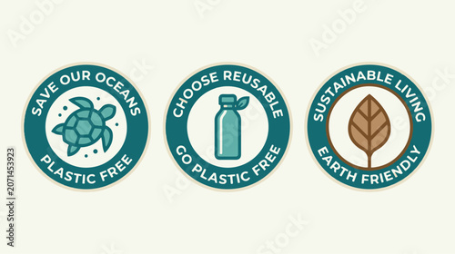 Eco-friendly emblems display conservation messages about saving oceans, choosing reusable products, and promoting sustainable living practices.