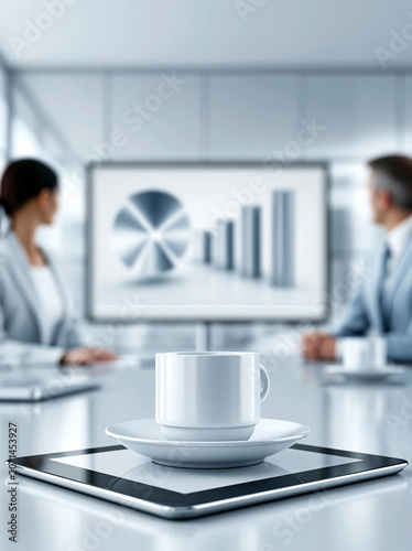 A business meeting in progress, with a focus on a presentation slide showing a diversified portfolio with private equity allocations. The professional setting underscores the strategic discussions