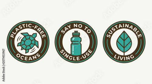 Sustainable living icons present a collection of badges promoting plastic-free oceans and responsible consumption for a greener lifestyle future.