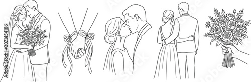 Set of wedding illustrations with bride and groom, handtied bouquet, and romantic couple poses, line art style