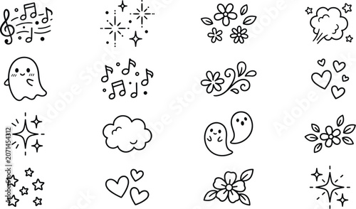 Cute doodle icons set with ghosts flowers music notes hearts and stars