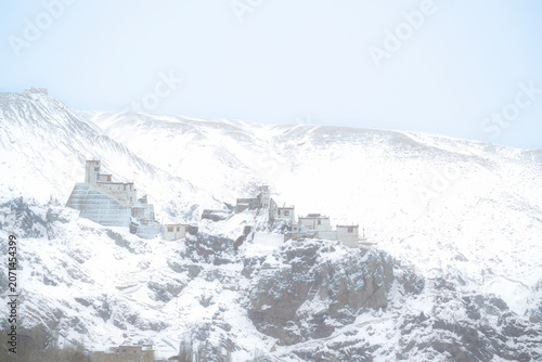 Ancient Buddhist Temple in Snow Covered Leh Ladakh Mountains