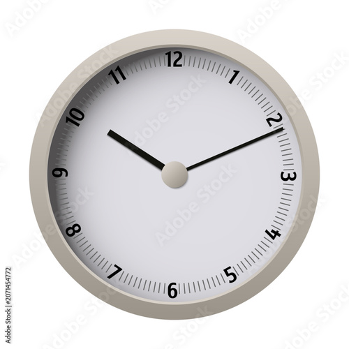 Minimalist round wall clock with a grey frame, black hands, and bold numbers. Vector illustration isolated on white.